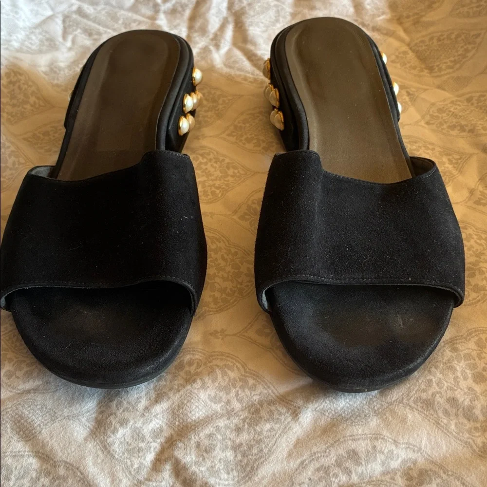 Stuart Weitzman Pearl Black Suede Mules Womens Slides Sandals Size 10 - Picture 2 of 6